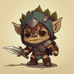 Wall Mural - Chibi Cute Isolated Cartoon Warrior Goblin with Pointy Ears, Armor, Helmet, & Sword. [Cute, Chibi, Kawaii Cartoon Character. Vector Style. Graphic Novel, Video Game, Manga, Comic Book, or Storybook]