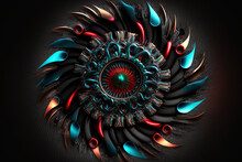 Of Abstract Art With Bizarre Black Metal Turbine Engine Machine Component With Pointed Circular Blades Arranged In A Twisted Spiral And Neon Lights That Shine In The Dark In Blue And Red. Generative