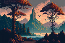 Pixel Art Vampire Castle On A High Mountain With Creepy Trees And Bats. [Sci-Fi, Fantasy, Historic, Horror Scene. Generative AI. Graphic Novel, Video Game, Anime, Comic, Or Manga Illustration.]