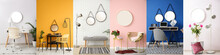 Collection Of Stylish Interiors With Round Mirrors Hanging On Walls