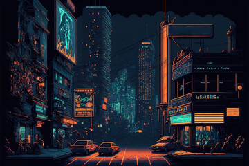 pixel art illustration of a cyberpunk cityscape at night with skyscrapers, neon lights, billboards, 