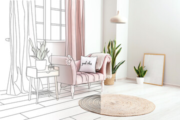 Wall Mural - New interior of light room with pink armchair, table and houseplants