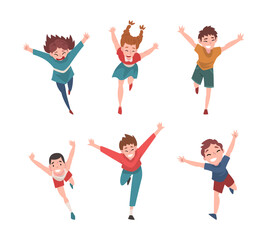 Sticker - Set of happy children running with their arms outstretched. Freedom, carelessness, joy cartoon vector illustration