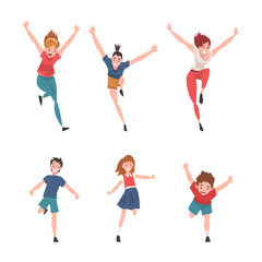 Wall Mural - Set of happy people of different ages running with their arms outstretched. Freedom, carelessness, joy cartoon vector illustration