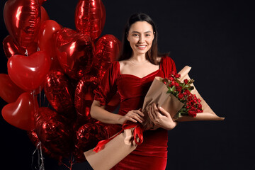 Sticker - Beautiful woman with roses and balloons on black background. Valentine's Day celebration