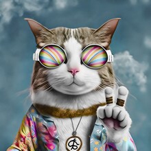 Portrait Of Hippie Cat In Round Colored Hippie Lennon Glasses Shows Peace Gesture. Generative AI Illustration. Creative Digital Painting.