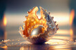 © tania_wild - Beautiful white pearl inside golden shell on a beach, sundown. Generative AI
