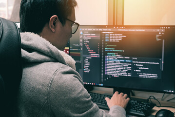 coder programmers working in office, programmer analyst writing code - coder working from home with 