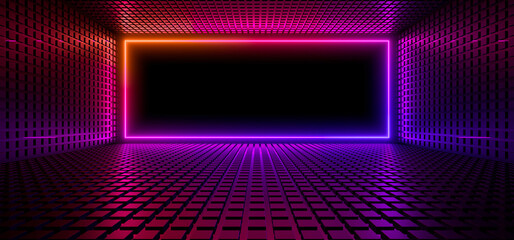 Wall Mural - sci fy neon lamps in a dark corridor. reflections on the floor and walls. 3d rendering image.