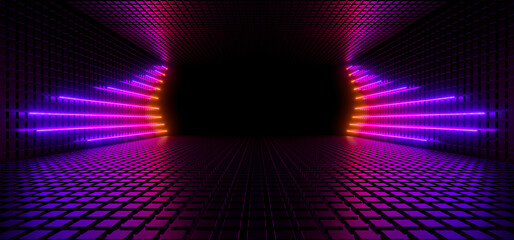 Wall Mural - Sci Fy neon lamps in a dark corridor. Reflections on the floor and walls. 3d rendering image.