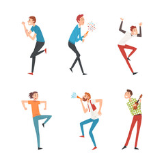 Sticker - Set of happy people dancing and having fun at birthday party cartoon vector illustration