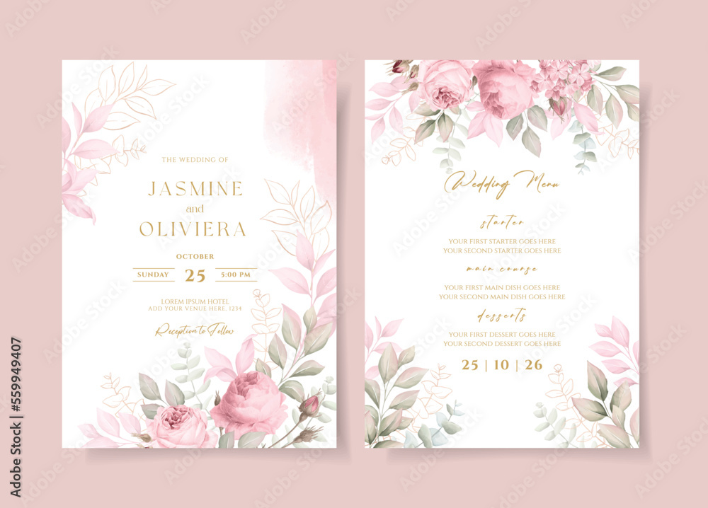 Wedding invitation template set with soft pink floral and leaves ...