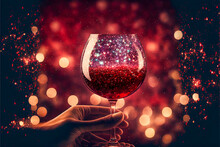 Wine Glass On Red And Bokeh Light Background, AI Generate