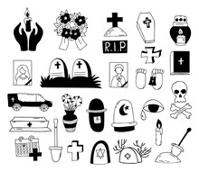 Death And Funeral. Collection Vector Doodles. Grave, Cross, Cemetery, Coffin And Hearse, Skull And Crossbones And Ashes, Wreath And Candle. Isolated Hand Drawings For Funeral Theme Design