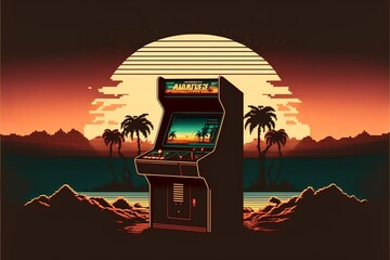 Retro arcade machine, 80s, pixel art style. Digital illustration AI