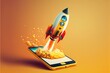 © Deivison - Rocket coming out of mobile phone screen, orange background. AI digital illustration
