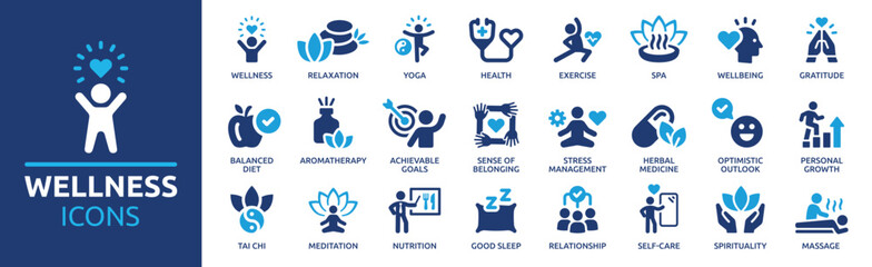 wellness icon set. containing massage, yoga, spa, relaxation, health, exercise, diet, wellbeing, med