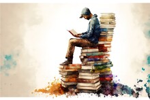 A Man Reads Sitting On A Mountain Of Books