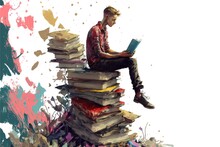 A Man Reads Sitting On A Mountain Of Books