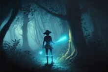 A Pirate With A Flashlight Walking Through The Dark Night Jungle