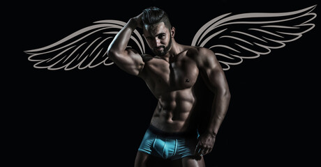 Photo banner of sexy man with wings for valentines day. Sexy male model body, nude torso. Sexy naked man, seductive gay. Naked muscular man angel.