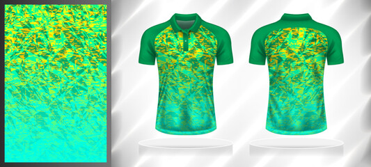 Vector sport pattern design template for Polo T-shirt front and back with short sleeve view mockup. Shades of green-yellow color gradient abstract grunge texture background illustration.