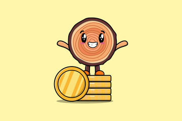 Wall Mural - Cute cartoon Wood trunk character standing in stacked gold coin vector illustration in flat cartoon 