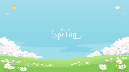 spring flowers background with copy space. vector illustration of pink cherry blossom tree and sunny