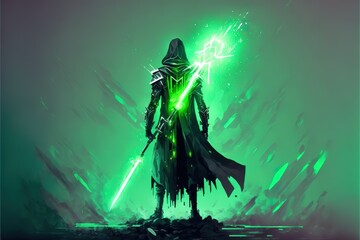 Wall Mural - A futuristic sorcerer in a black robe with a green light weapon