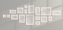 White Frames Collage And Sunlight On Brick Wall. Realistic Vector Illustration Of Gallery Or Room Interior Design With Rectangular And Square Picture Or Photo Templates Of Different Size. Home Decor