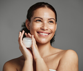Wall Mural - black woman, face and skincare cream container with healthy beauty glow and natural freckles. thinki