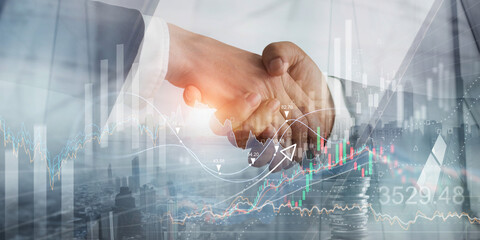 Poster - Business partnership and collaboration. Businessmen handshaking for success deal and investment to achieve growth profit in financial, stock market and business strategy solution and marketing target.