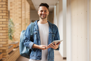 Poster - University portrait and man student with tablet for academic learning, research and studying online. Education, knowledge and Gen Z college learner at campus on break in California, USA.