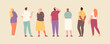 Rear view group of people looking up. Advertising, event, presentation, news vector illustration characters