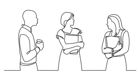 continuous line drawing of standing business people talking -  PNG image with transparent background