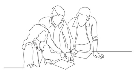 Wall Mural - three coworkers discussing project on paper - PNG image with transparent background