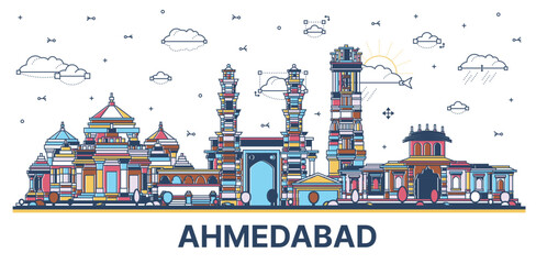 Wall Mural - Outline Ahmedabad India City Skyline with Colored Historic Buildings Isolated on White. Vector Illustration.