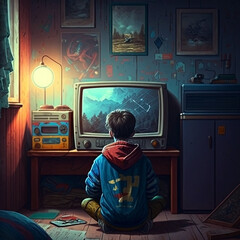 
boy on the floor in front of an old TV