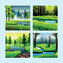 Spring Landscape With Forests, River, Mountain, Sun, Blue Sky And Clouds, Rural Nature In Spring With Land With Wild Grass. Vector On Spring Background. In Flat Cartoon Style.