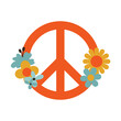 Retro groovy illustration. Pacific symbol with flowers in flat style. 60's, hippie, peace and love concept. Colorful vector isolated clip art.