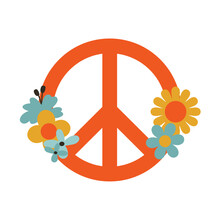 Retro Groovy Illustration. Pacific Symbol With Flowers In Flat Style. 60's, Hippie, Peace And Love Concept. Colorful Vector Isolated Clip Art.