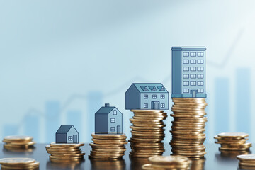 Increasing returns from property investments. Successful investment plan. Stacked coins and illustrations of real estate on two graphs backgrounds.