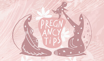 Pregnancy tips. Boho banner with two pregnant women and a baby, a stylized image of pregnancy, a card for preparing for childbirth, vector illustration isolated on a pink background.