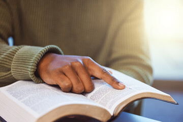 Poster - Hands, black man and reading books for knowledge, library and college education exam. Closeup finger on paper textbook for learning, studying and story for research project, analysis and information