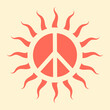 Icon, sticker in hippie style with orange sunny Peace sign on beige background. Retro style.
