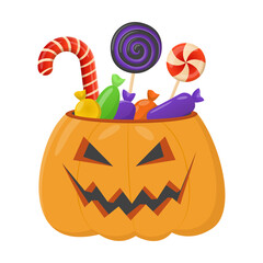 Wall Mural - Cartoon drawing of Halloween candy filled pumpkin on white background. Spooky Halloween candies vector illustration. Halloween, sweet food concept