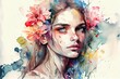 Beautiful woman with a flowers. Colorful creative illustration generated by Ai. Generative art	