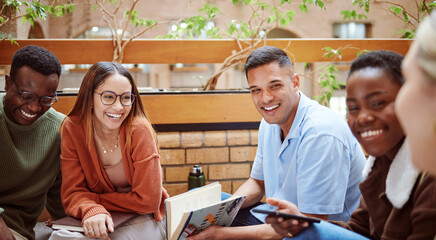 Canvas Print - Funny, happy and university team and education, study together with discussion and communication about paper. Learning, scholarship and college students laughing, collaboration and teamwork fun