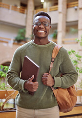 Campus, student and portrait of black man at college building, academy and school for education in Atlanta. Happy university student studying with motivation for knowledge, learning or future success