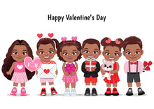 Valentine African American Kids With Multicultural Little Black Boys And Girls Dating, Celebrating Valentines Day Flat Vector Illustration. Young Girlfriends And Boyfriends Cartoon Characters Vector.